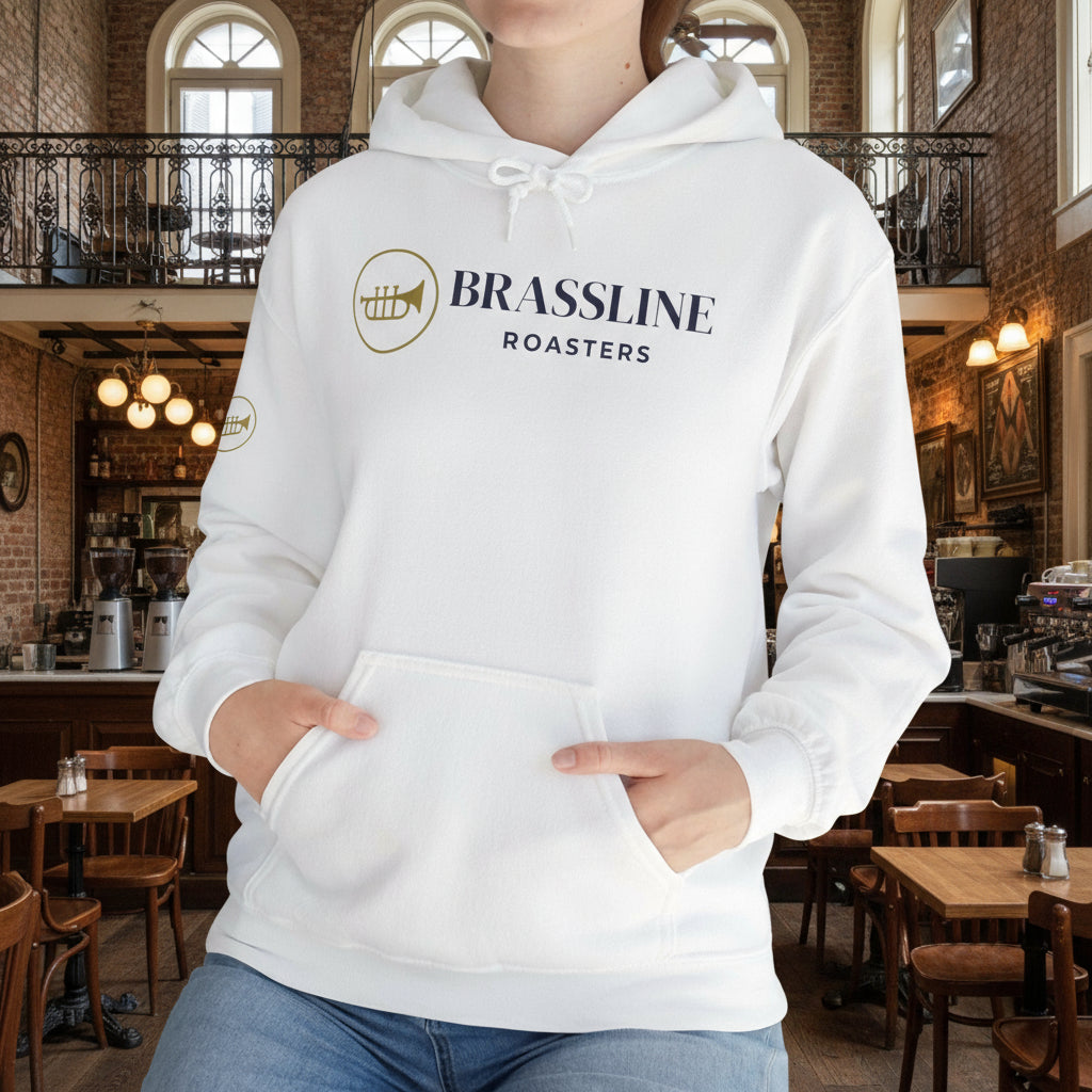 Brassline Roasters Unisex Hoodie - Cozy White Sweatshirt for Coffee Lovers